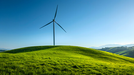 A wind turbine is standing in a field of grass