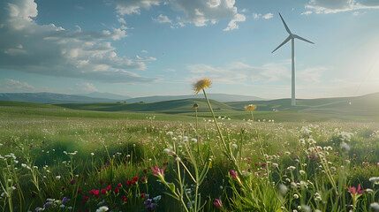 A field of flowers with two wind turbines in the background