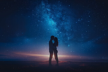 Wall Mural - A couple embracing under a starry sky, their silhouettes illuminated by the moonlight. Concept of romance and intimacy. Generative Ai.