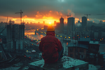 Poster - a construction worker laboring at a construction site, building structures that shape the urban land