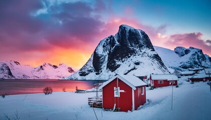 Sticker - amazing winter scenery north fjords with mountains landscape scenic photo of winter mountains and vivid colorful sky stunning natural background picturesque scenery of lofoten islands norway