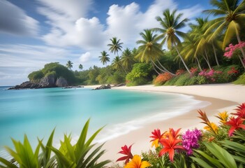 Tropical and Beach Island Landscape Beautiful View with flowers 