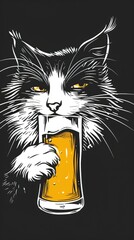 Sticker - flat vector illustration of an amazing black and white cute cat drinking beer