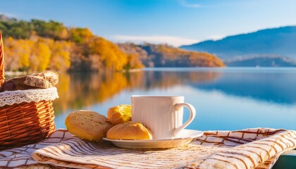 Poster - breakfast picnic outside on a beautiful autumn day with a lake view banner with space for copy