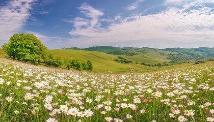 Wall Mural - natural summer panorama landscape with meadow flowers and daisies in the grass