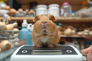 Wall Mural - A guinea pig being weighed by a vet, monitoring its growth and diet. Concept of small pet health and dietary management. Generative Ai.