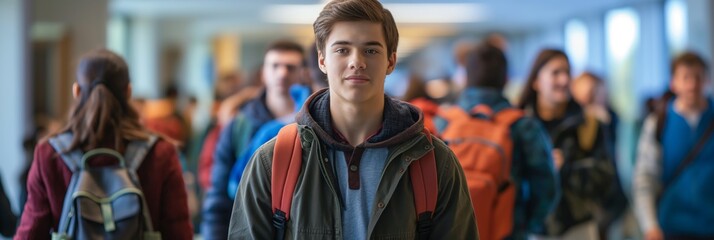 Canvas Print - Confident teenage boy with backpack standing in a busy school corridor amongst peers