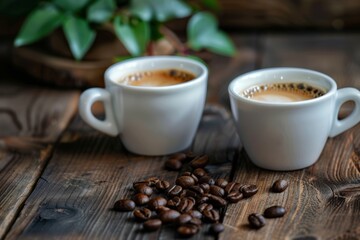 Poster - Two cups of coffee placed on a wooden table. Generative AI