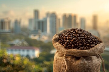 Poster - A burlap sack filled with coffee beans placed in front of a bustling city skyline. Generative AI