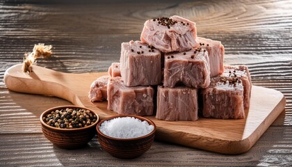 Poster - a pile of raw meat sitting on top of a wooden cutting board next to a bowl of salt and pepper