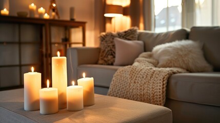 Poster - Stylish sofa and burning candles in modern living room