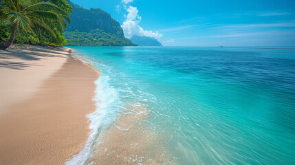 sandy beach with trees , blue sea 