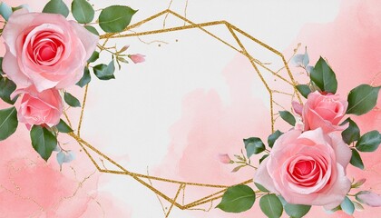 Poster - pink watercolor rose frame with gold