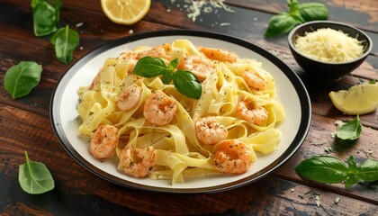 Sticker - a plate of pasta with shrimp and parmesan cheese generative ai