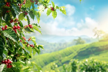 Aufkleber - A view of a tea plantation with vibrant red berries growing on the bushes. Generative AI