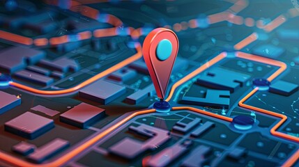 Fototapete - Isometric GPS tracking map with a red marker indicating a location on street maps. Digital abstract background illustration. Generative AI