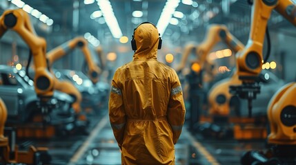 Canvas Print - industrial worker in a jumpsuit overseeing the production line in a car manufacturing plant