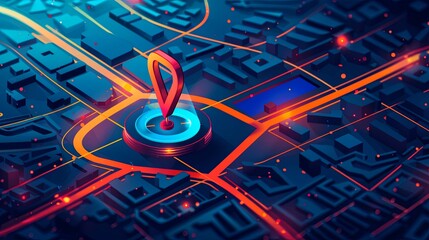 Poster - Isometric GPS tracking map with a pin in the center. Abstract background showcasing digital navigation. Generative AI