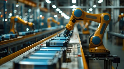 Poster - robots (cobots) working alongside human workers in a factory, promoting efficiency and safety in manufacturing operation