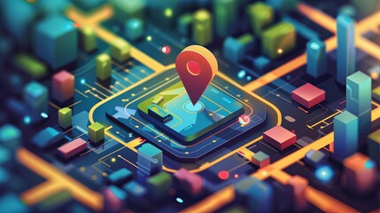 Fototapete - A map with a pin showing a precise location for navigation. Isometric abstract background. Digital art. Generative AI