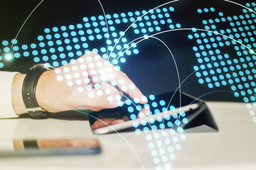 Poster - Abstract creative world map with connections and finger clicks on a digital tablet on background, international trading concept. Multiexposure
