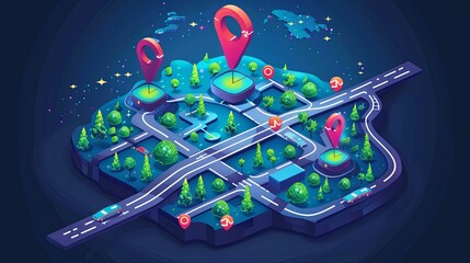 Poster - Isometric GPS map with a pin marking a location. Abstract background for navigation and digital art. Generative AI