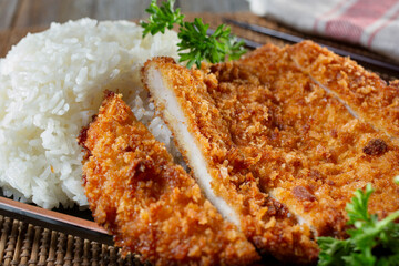 A closeup view of a plate of chicken katsu.