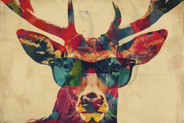 Wall Mural - Abstract colorful illustration of deer with sunglasses. AI generative art