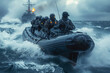 © Sebastian - Tactical assault boat speeding across choppy waters, carrying elite naval commandos on a covert mission. Concept of maritime special operations and coastal raids. Generative Ai.