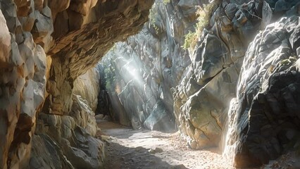 Wall Mural - sunlight streaming in through a narrow curved rock arch illuminating the path ahead.
