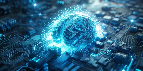 Aufkleber - Digital representation of an artificial intelligence brain on a circuit board, highlighting the advanced technology and innovation in AI and modern electronics., Generative AI
