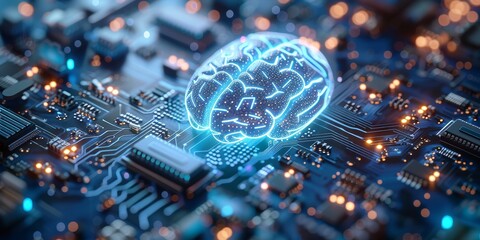 Aufkleber - Digital representation of an artificial intelligence brain on a circuit board, highlighting the advanced technology and innovation in AI and modern electronics., Generative AI