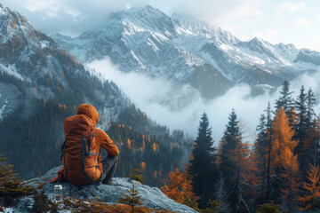 Wall Mural - A serene mountainside retreat with panoramic views, where hikers pause to enjoy a steaming cup of tea brewed over a campfire. Concept of outdoor adventure and rejuvenation. Generative Ai.