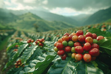 Canvas Print - Coffee plantation nestled in the lush hillsides, with workers hand-picking ripe cherries under the tropical sun, ensuring the highest quality beans.  Generative Ai.