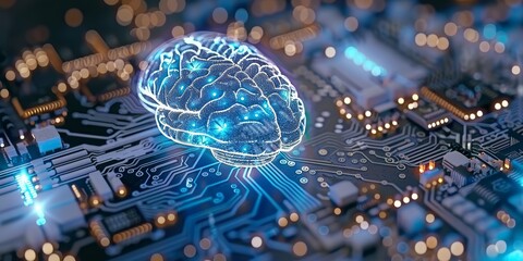 Aufkleber - Digital representation of an artificial intelligence brain on a circuit board, highlighting the advanced technology and innovation in AI and modern electronics., Generative AI