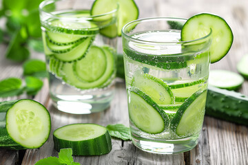 Cucumber infused detox water with mint in a glass with ice.  Cucumber lemonade.