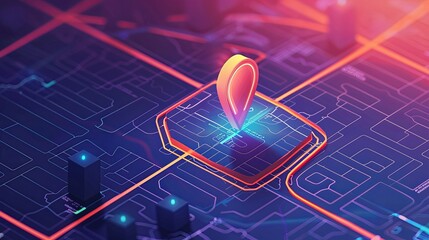 Poster - A detailed isometric GPS map with a navigation pin icon in the center, representing location tracking and navigation. Generative AI