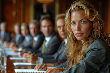 Poster - a strategy meeting in a boardroom, where executives brainstorm ways to adapt to market changes and s