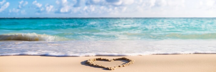 Poster - Heart shape drawn on the sand with the ocean waves approaching it symbolizing love and romantic beach getaways