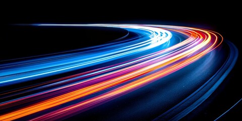 Aufkleber - Curving light trails on a dark road captured with long exposure, illustrating the dynamic energy and speed of nighttime transportation and the vibrant glow of moving vehicles, Generative AI