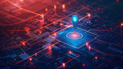 Fototapete - Abstract blue light shining on a map with isometric GPS tracking features. Digitally created map background with navigation pin. Generative AI