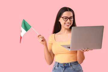 Sticker - Young woman with Mexican flag and laptop on pink background