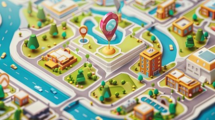 Poster - City map with detailed streets, buildings, and navigation pins in close-up view. Generative AI