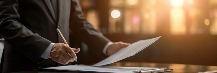 Over the shoulder shot of a businessman with a pen reviewing documents at a desk with backlight