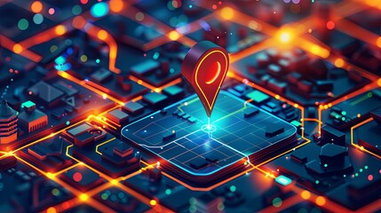 Fototapete - Isometric GPS tracking map with a red navigation marker pinpointed on a street map. Abstract digital art background. Generative AI