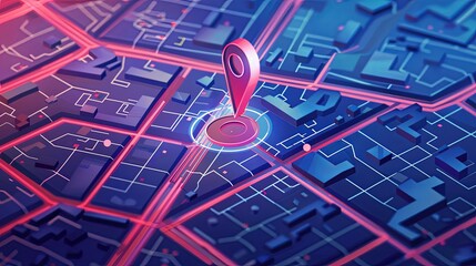 Fototapete - Isometric GPS tracking map with a red marker pinpointing a location on the street map. Generative AI