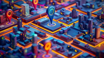 Fototapete - Isometric GPS tracking map with a navigation pin in the center. Abstract street mapping background. Generative AI