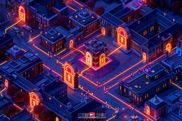 Blue toned cyber cityscape with glowing security icons, futuristic digital realm