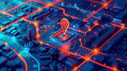 Aufkleber - 3D button placed on top of an isometric GPS tracking map. Concept of navigation, tracking, and digital mapping. Generative AI