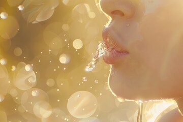 Poster - Close-up of a woman's lips with water pouring over them, showcasing the refreshing and hydrating sensation, and the beauty of natural skin moisture in a serene outdoor setting, Generative AI